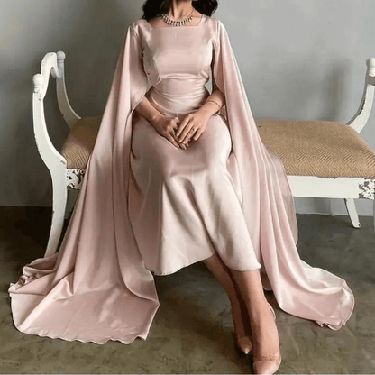 Blush Pink Satin Elegant Modest Evening Dress, Left