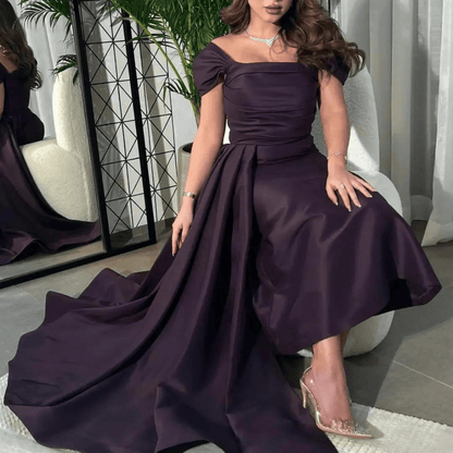 Dark Purple Satin Evening Dress, Cap Sleeves, Right