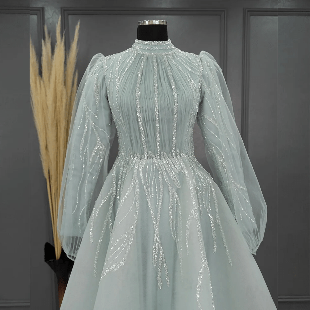 Dubai Abiye Elbise Sparkly Beaded Evening Dress, Front Close Up