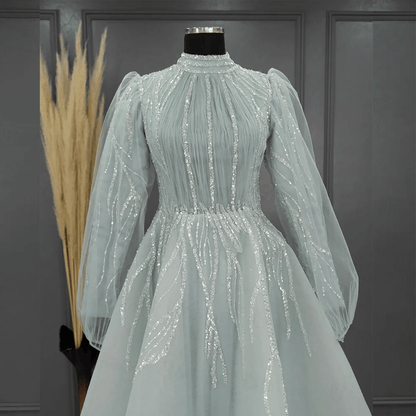 Dubai Abiye Elbise Sparkly Beaded Evening Dress, Front Close Up