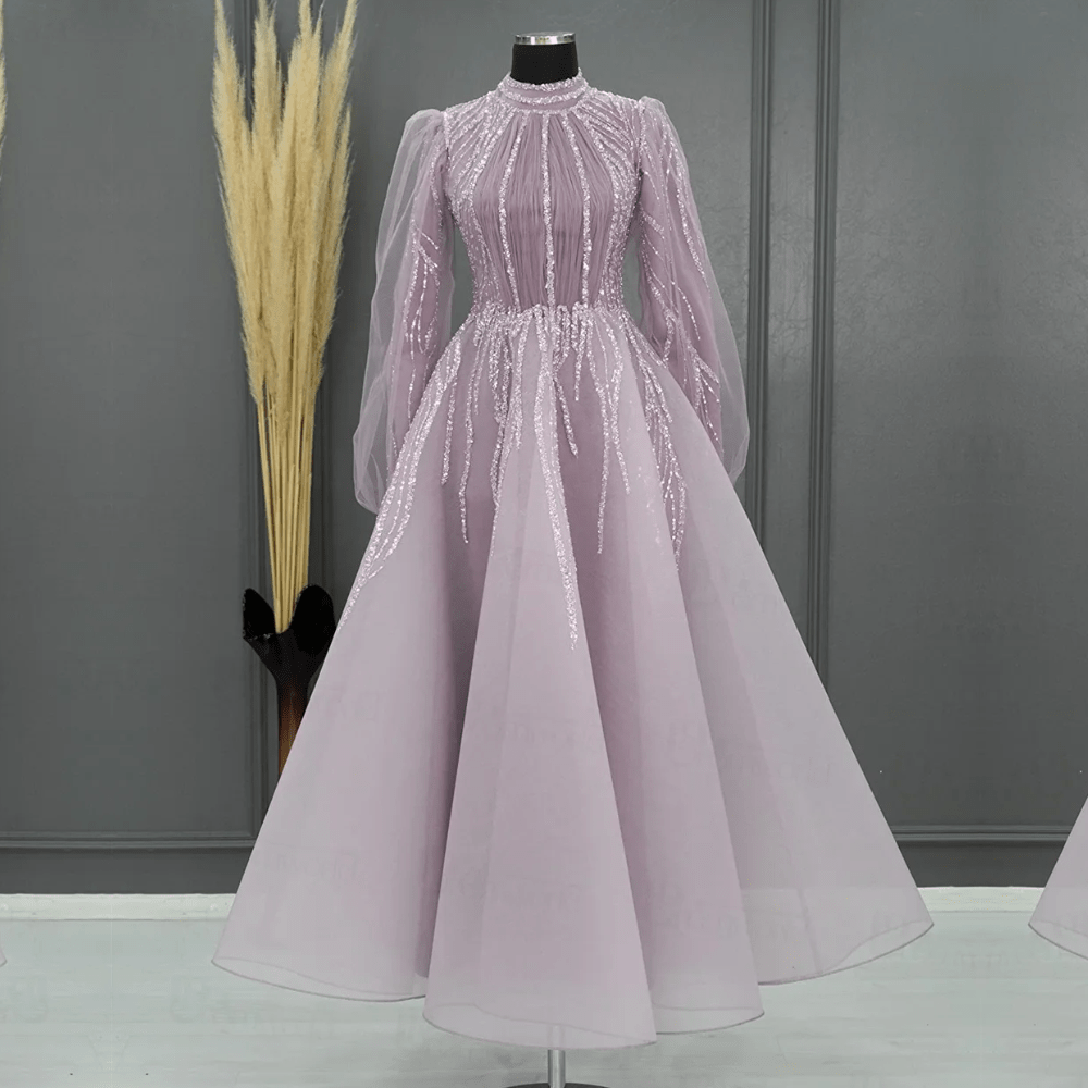 Dubai Abiye Elbise Sparkly Beaded Evening Dress, Purple, Front
