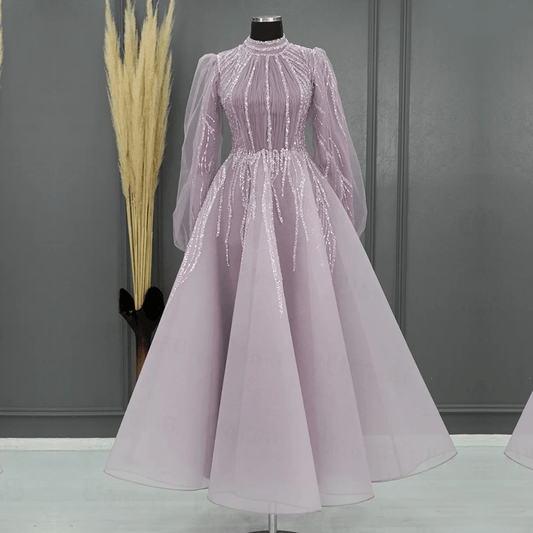 Dubai Abiye Elbise Sparkly Beaded Evening Dress, Purple, Front