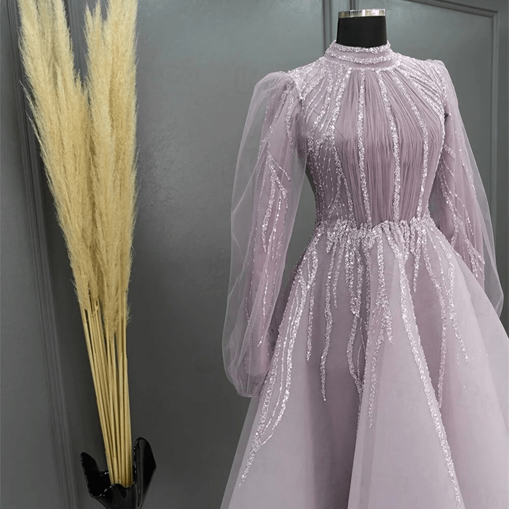 Dubai Abiye Elbise Sparkly Beaded Evening Dress, Purple, Left