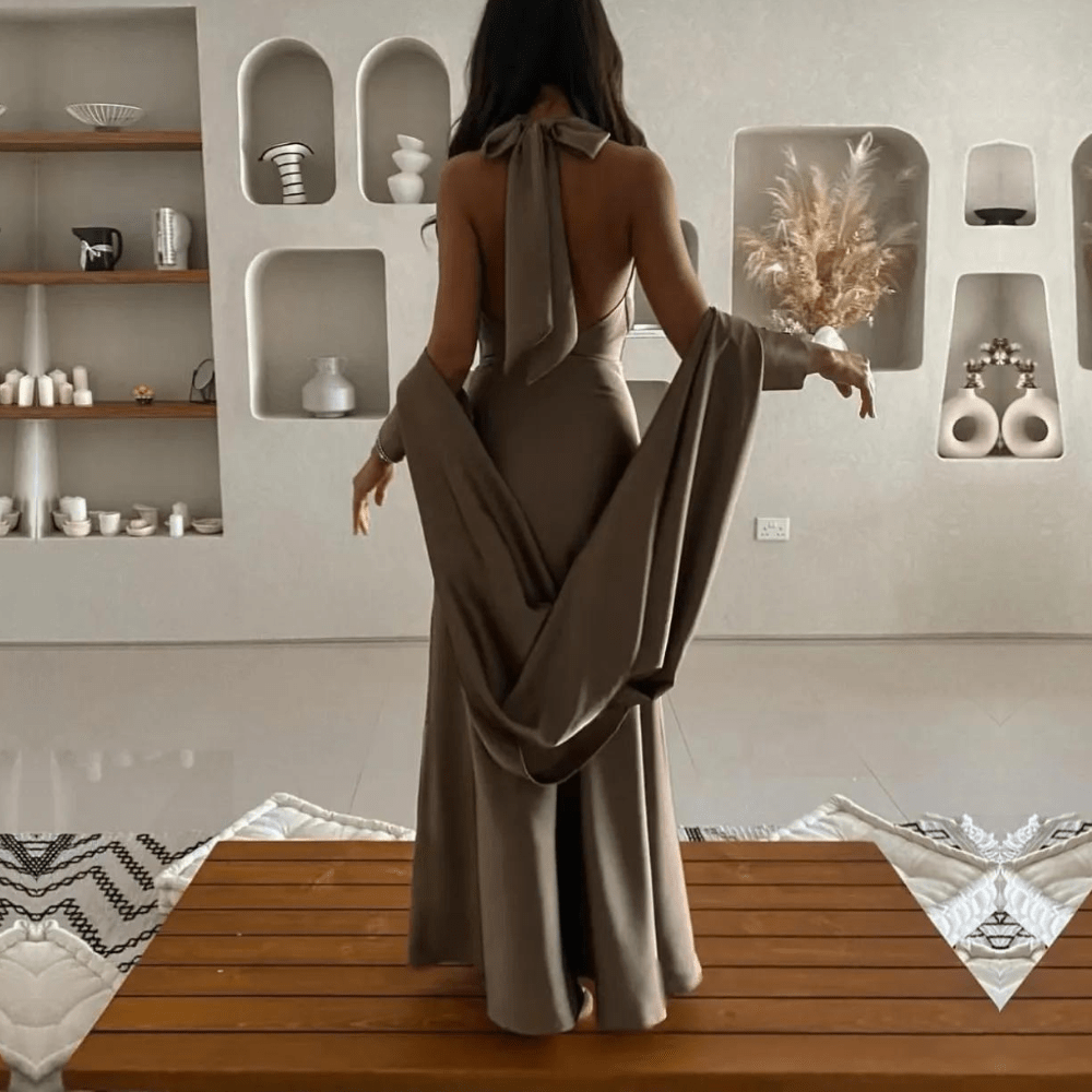 Dubai Brown Satin Evening Dress, Back