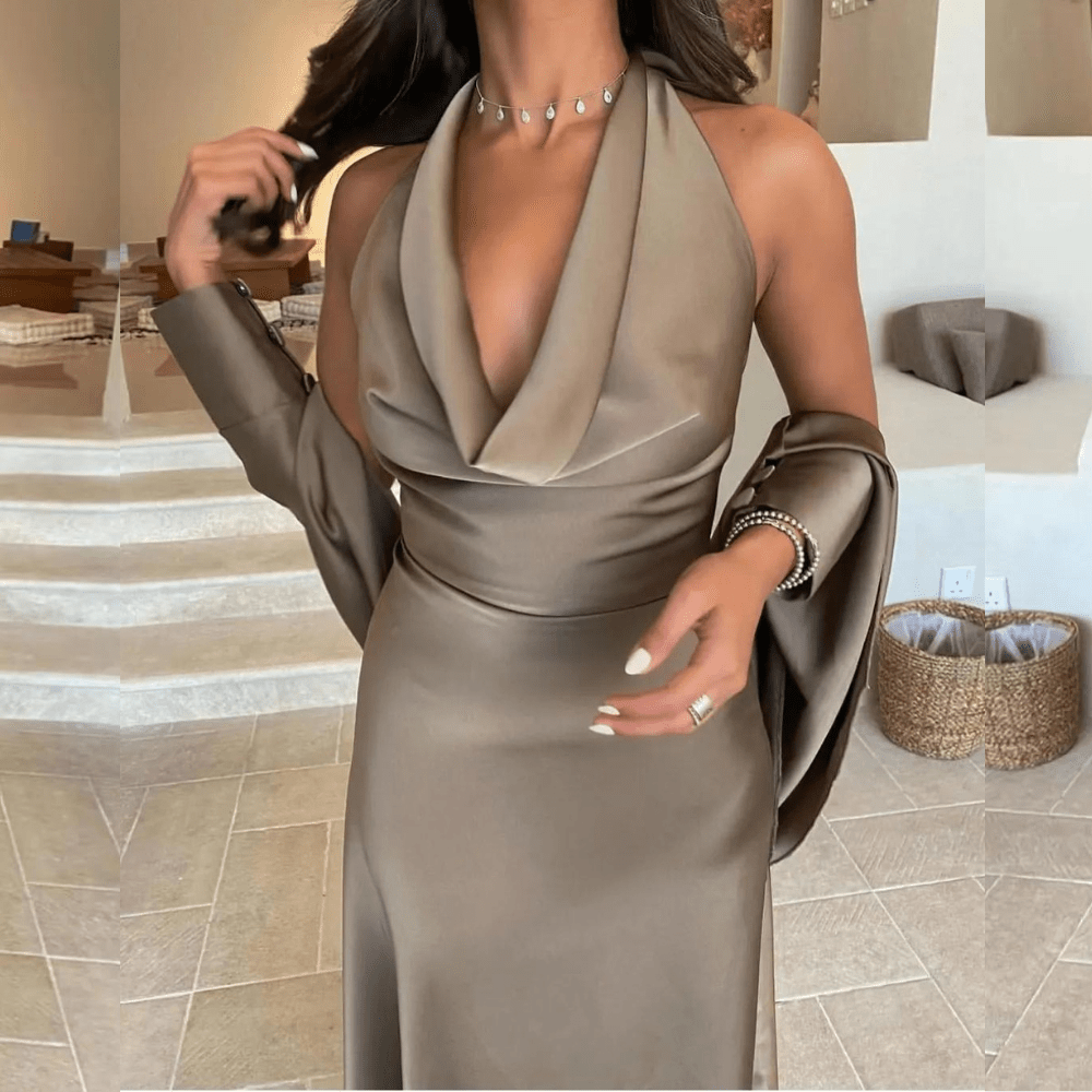 Dubai Brown Satin Evening Dress, Left Side