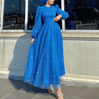 Dubai Modest Elegant Blue Glitter Evening Gown 8 Dubai Modest Elegant Blue Glitter Evening Gown 8