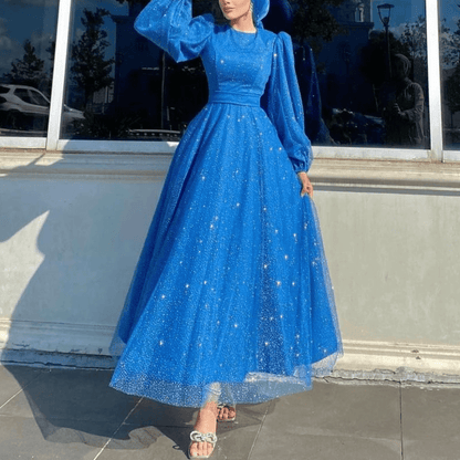 Dubai Modest Elegant Blue Glitter Evening Gown 8 Dubai Modest Elegant Blue Glitter Evening Gown 8