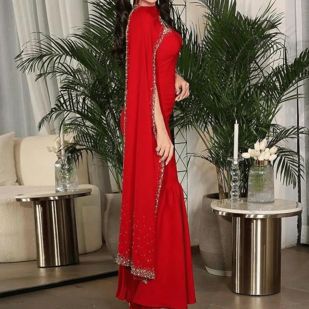 Dubai Red Satin Beaded Evening Dress, Right Long Shot
