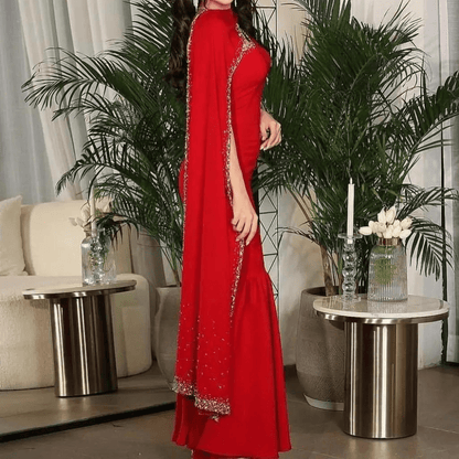 Dubai Red Satin Beaded Evening Dress, Right Long Shot