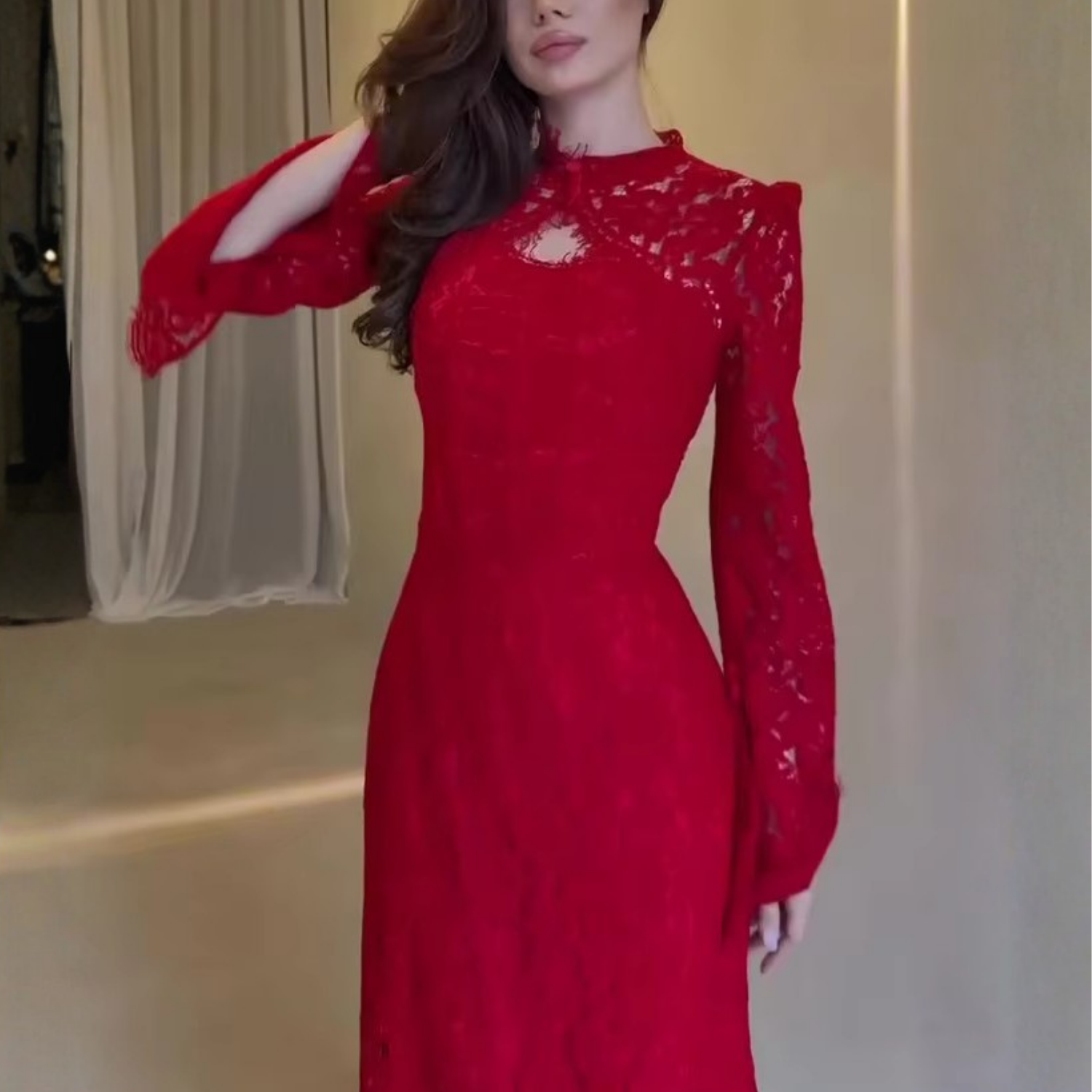 Red Floral Lace High Neck Long Sleeves Mermaid Maxi Dress