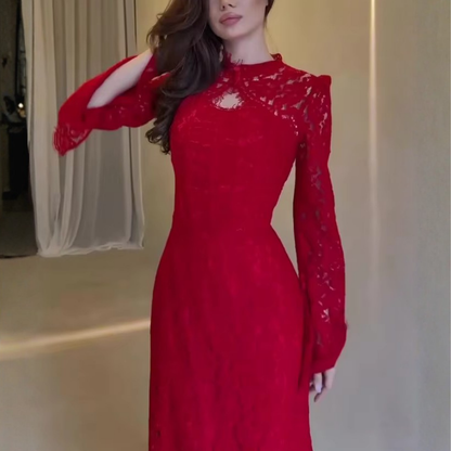 Red Floral Lace High Neck Long Sleeves Mermaid Maxi Dress